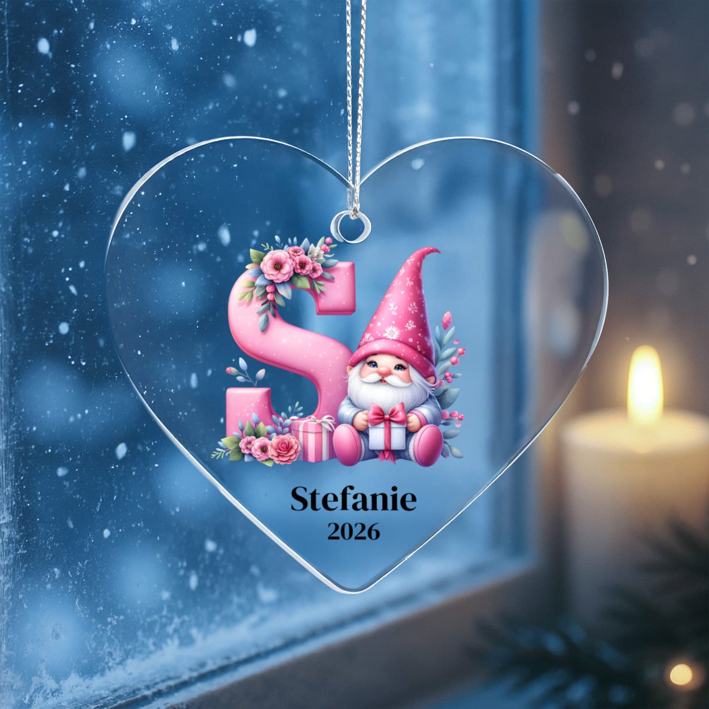 Personalized Heart Ornament, Pink Gnome Christmas Gift, Custom Holiday Decoration, Galentine's Heart Gift for Friend, Monogram, Initial