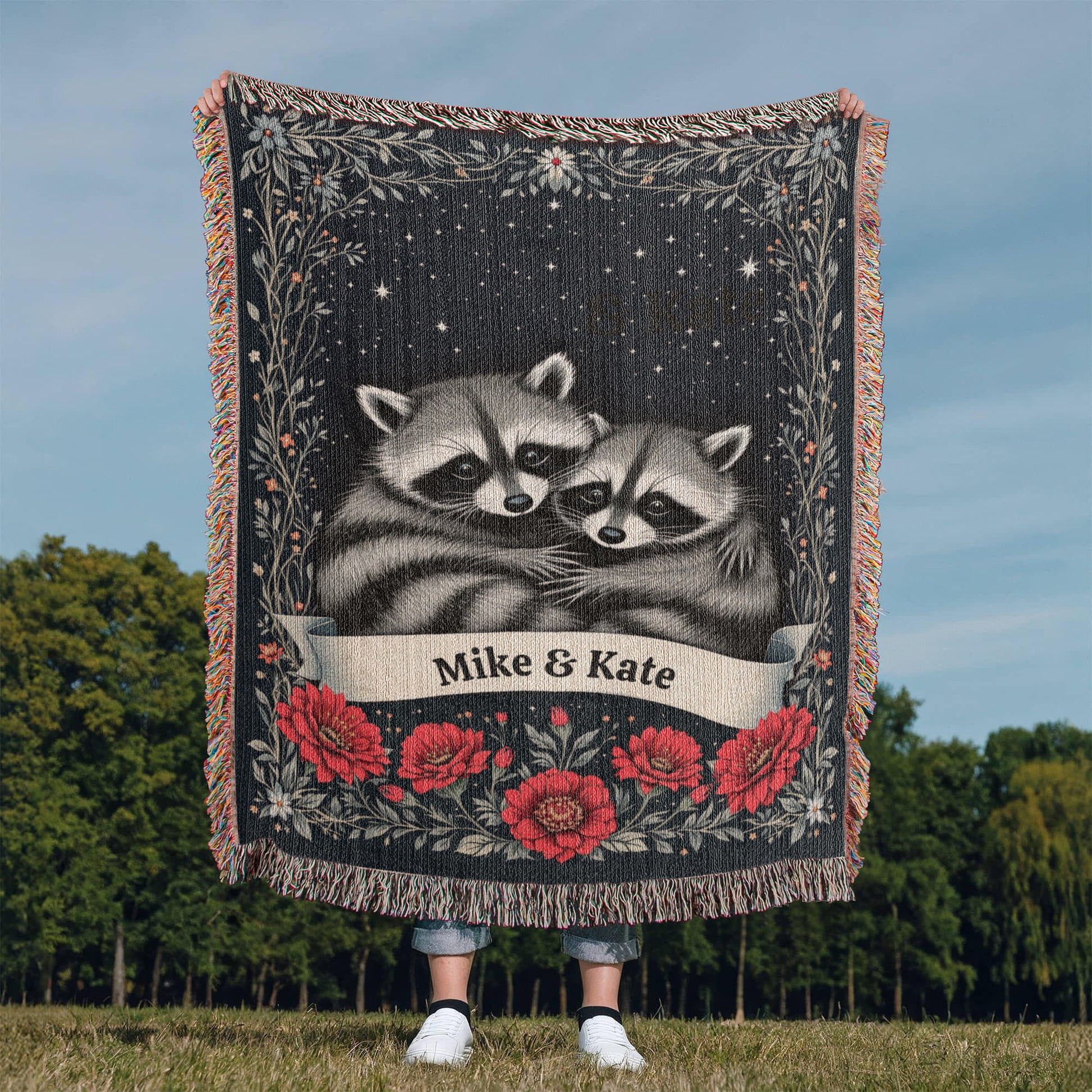 Personalized Raccoon Couple Woven Cotton Throw Blanket-[Heartfelt Family Gift]