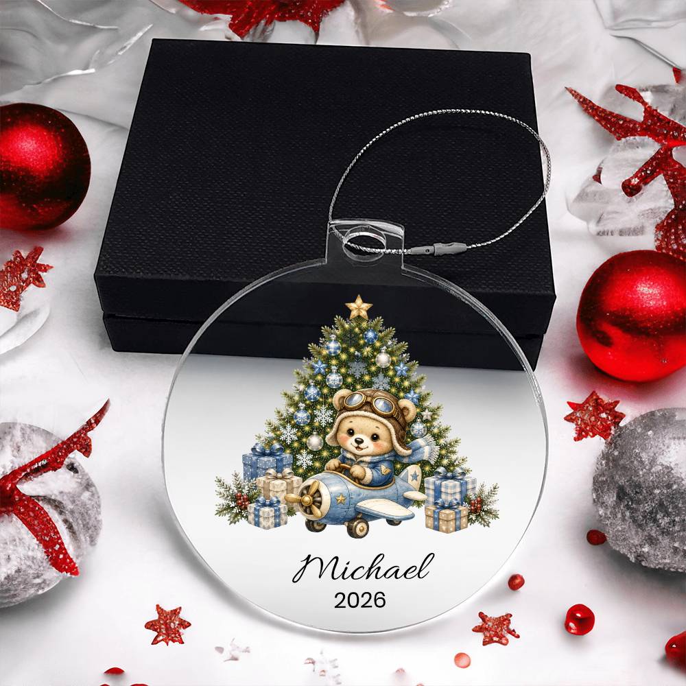 Personalized Teddy Bear Airplane Pilot Christmas Ornament