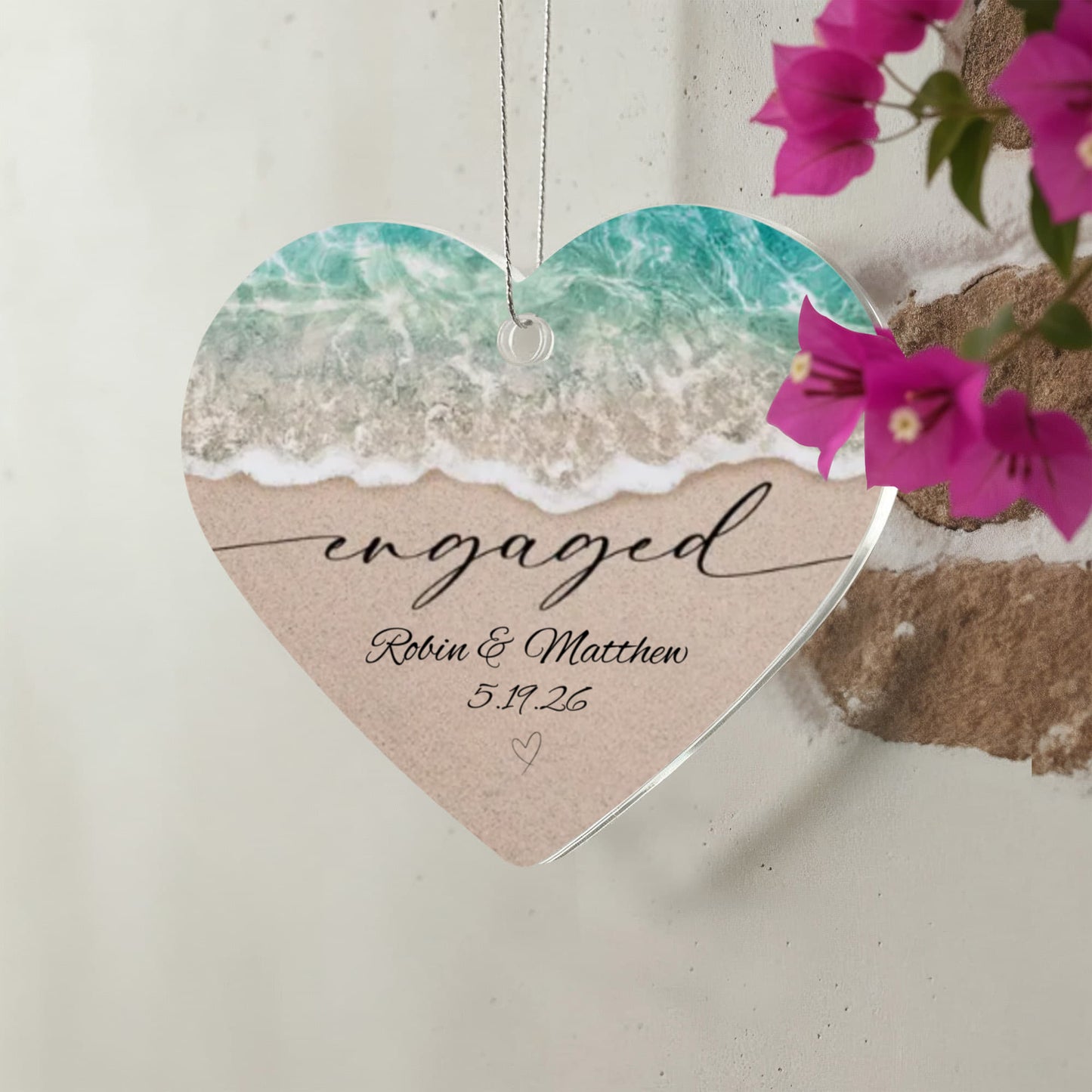 Acrylic Heart Beach Ornament, Personalized Engagement Keepsake, Beach Theme Wedding, Custom Names in Sand Gift