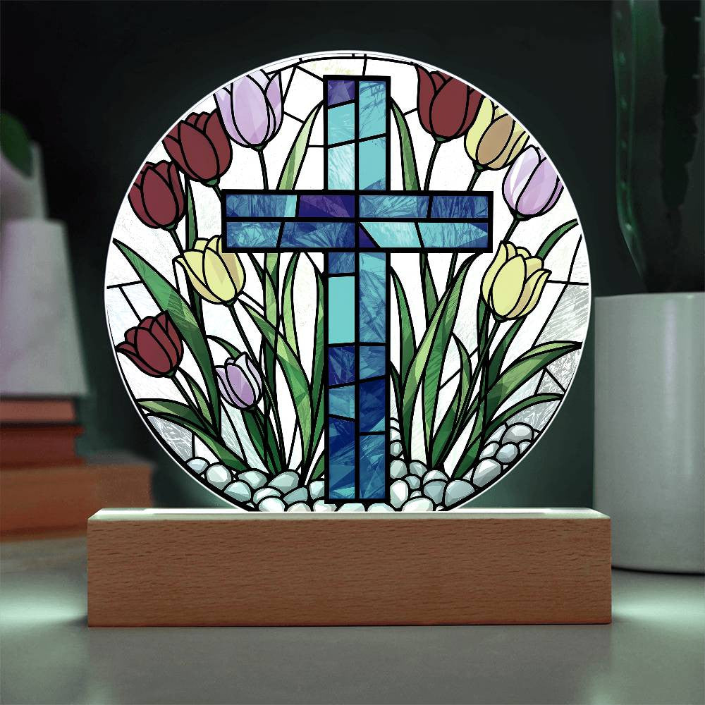 Cross and Tulips Circle Lamp-[Heartfelt Family Gift]