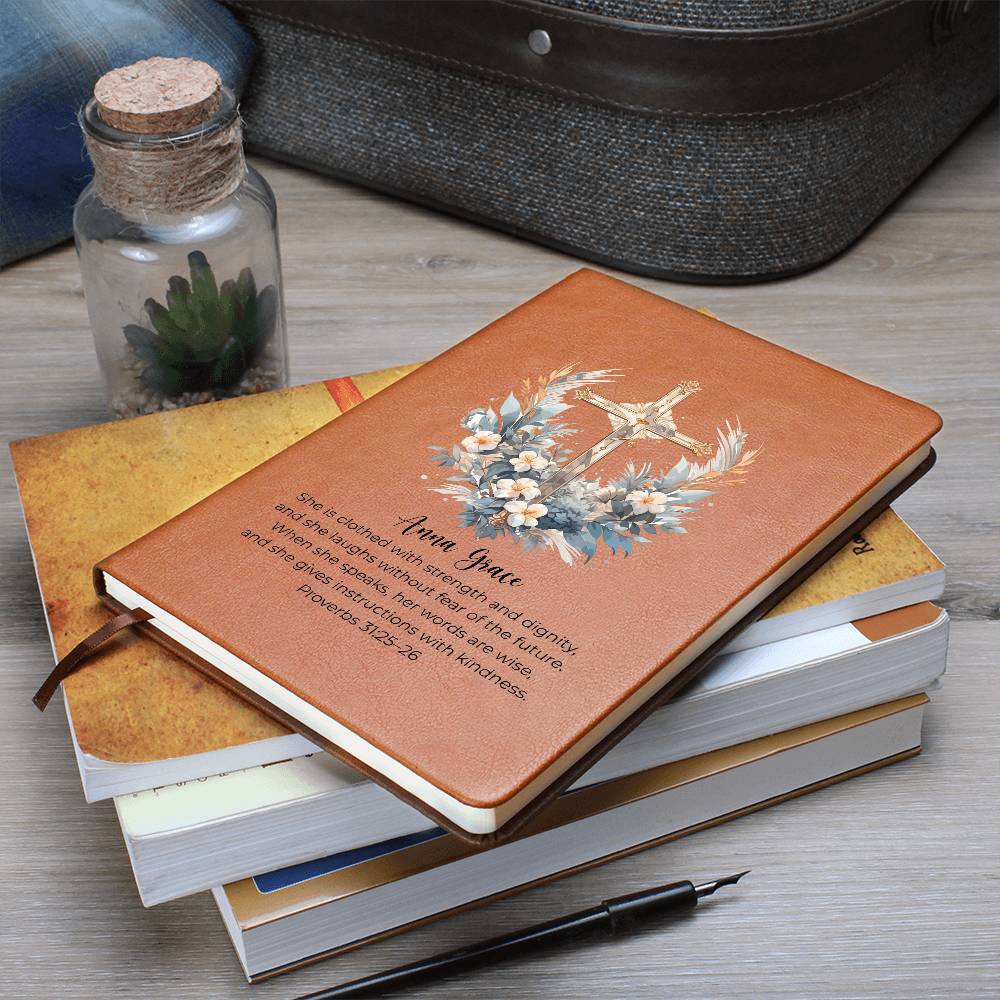 Personalized Bible Verse Journal, Proverbs 31:25 Leather Notebook, Christian Gift for Women, Custom Name Scripture Keepsake