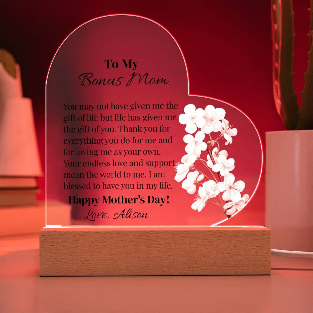 To My Bonus Mom Acrylic Heart Plaque Gift