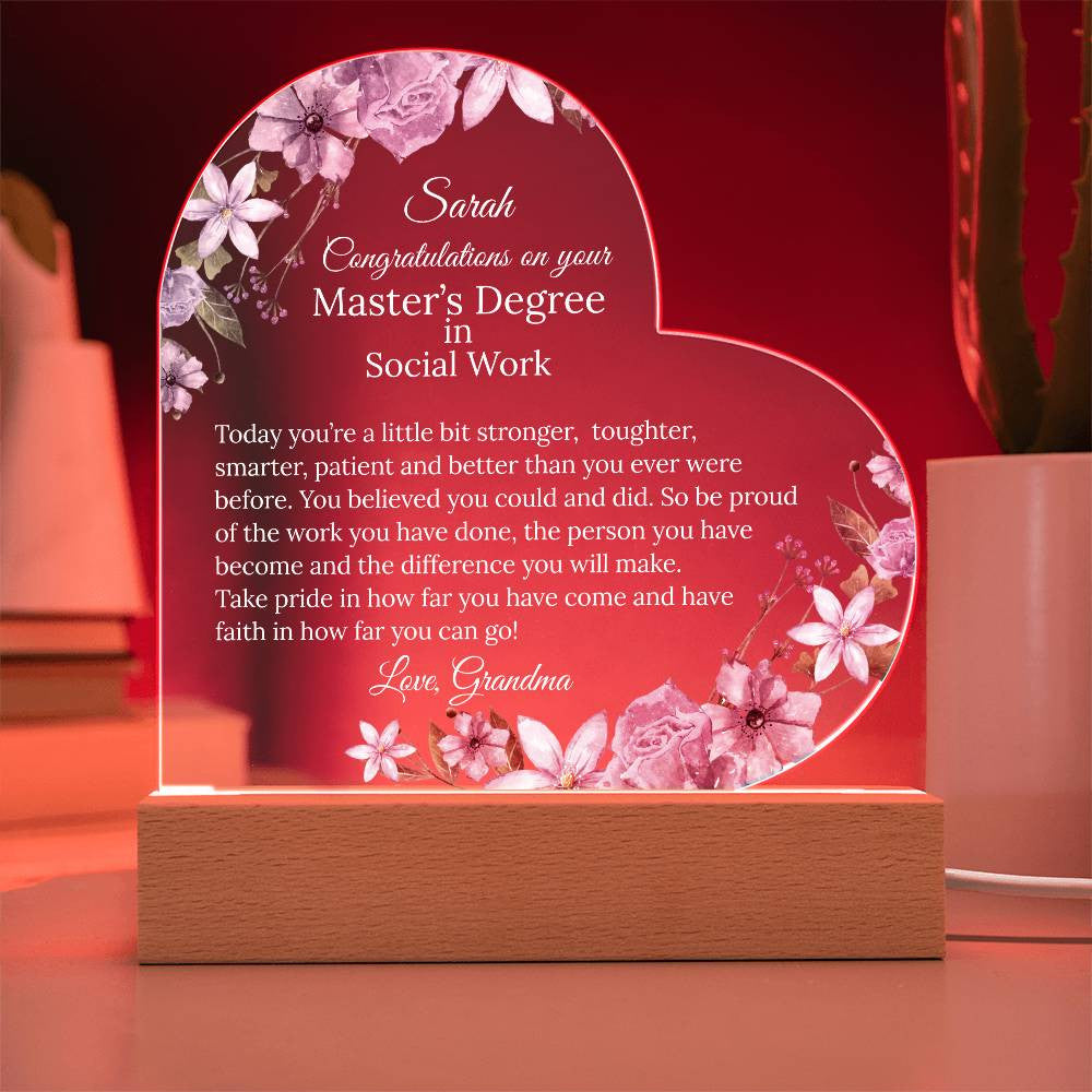 Personalized Masters Degree Light Acrylic Heart Plaque