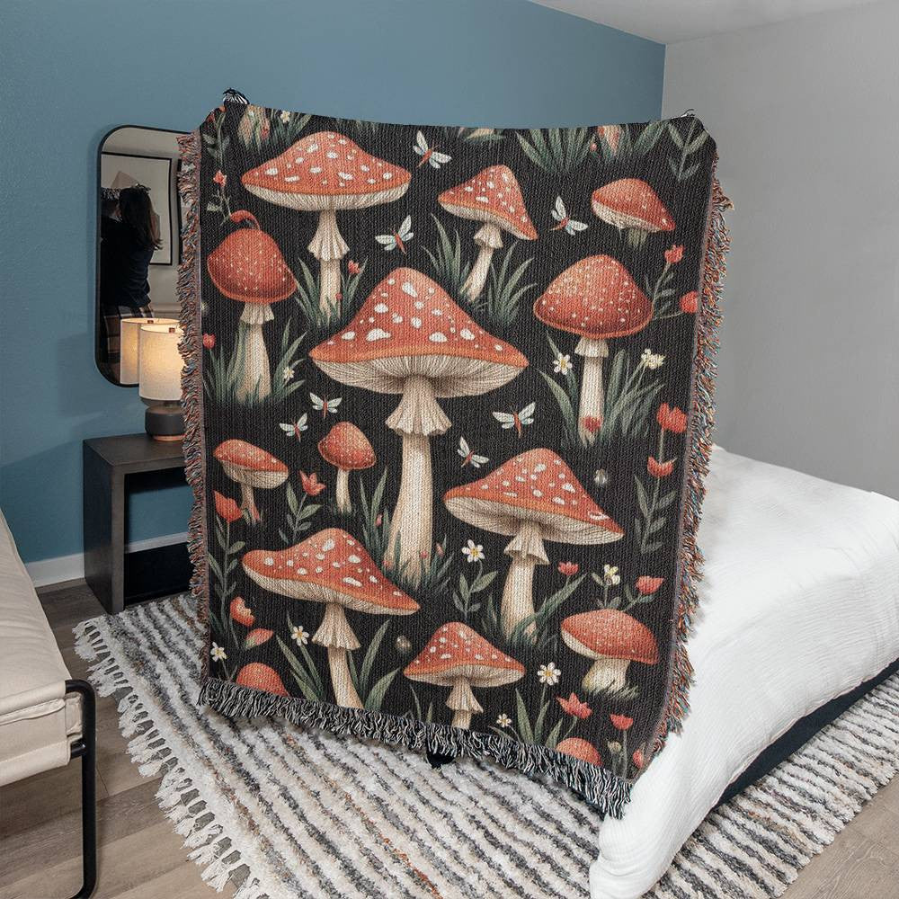 Cottagecore Mushroom and Dragonfly Woven Blanket-[Heartfelt Family Gift]