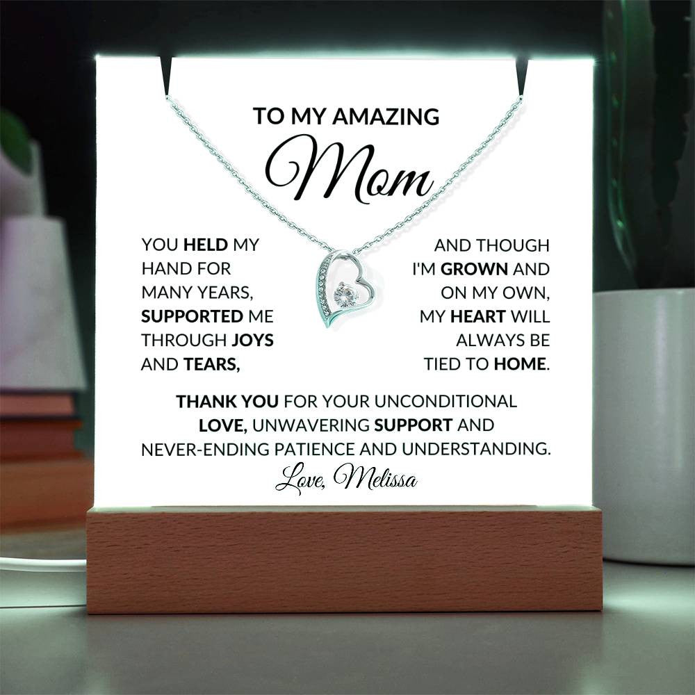 To My Mom Heart Necklace with Lighted Necklace Holder Plaque Gift Set-[Heartfelt Family Gift]