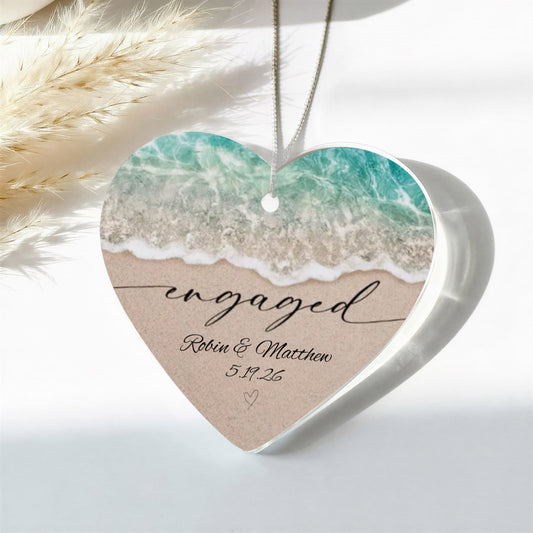 Acrylic Heart Beach Ornament, Personalized Engagement Keepsake, Beach Theme Wedding, Custom Names in Sand Gift