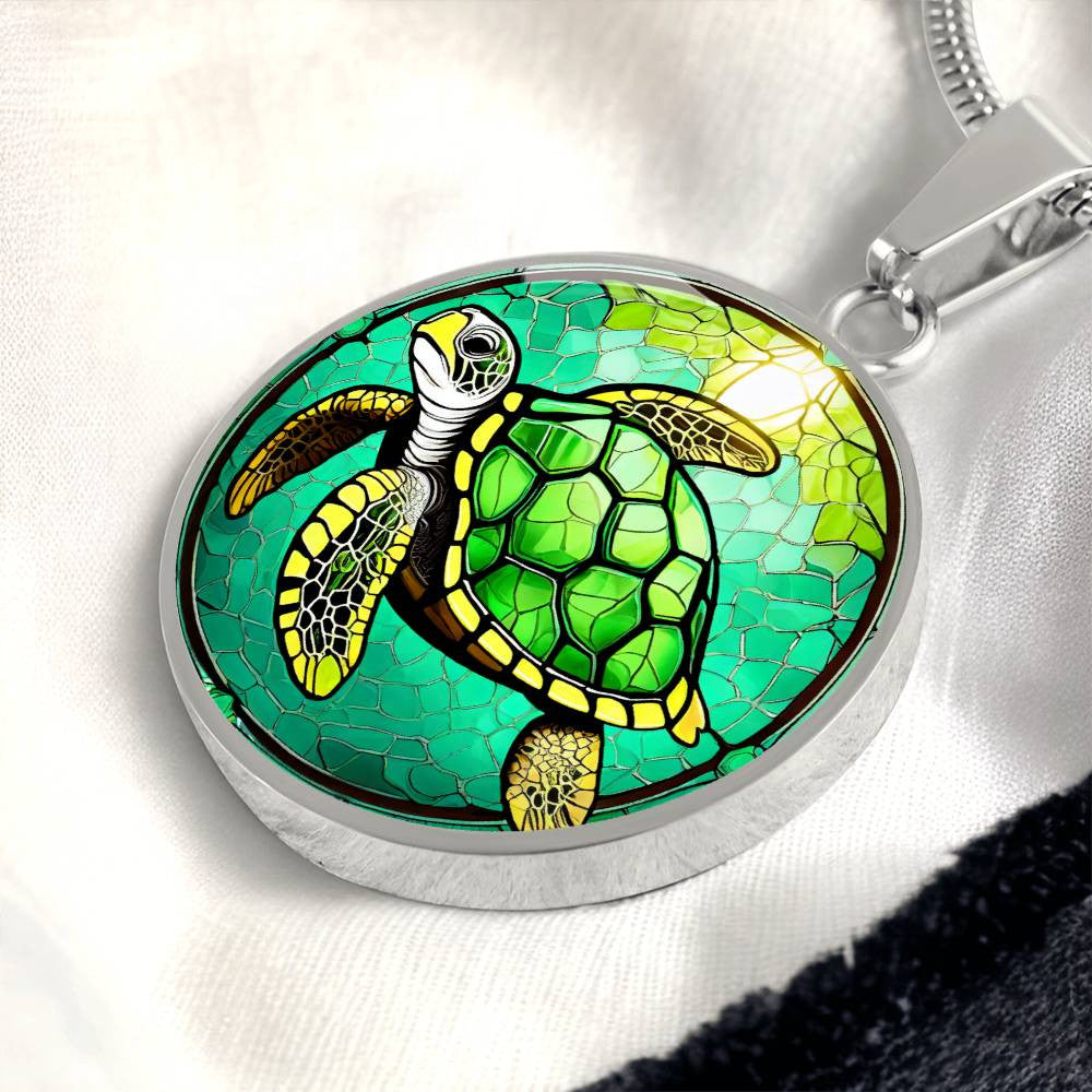 Sea Turtle Round Pendant Necklace in Gold or silver-[Heartfelt Family Gift]