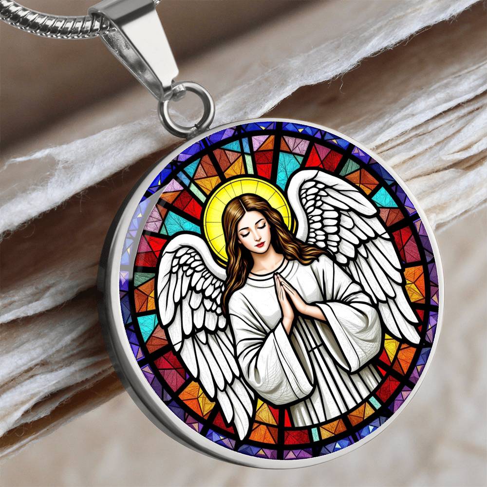 Guardian Angel Faux Stain Glass Pendant Necklace