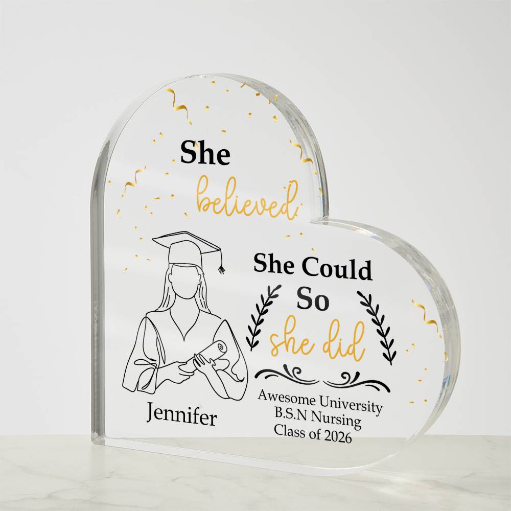 Personalized Graduation Heart Plaque Gift, She Believed She Could So She Did
