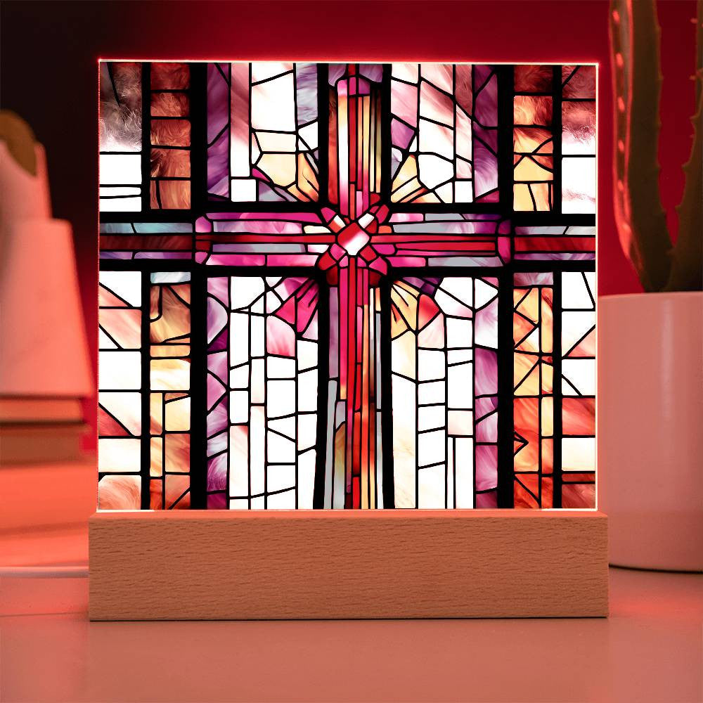 LED Acrylic Cross - Baptism Easter and Confirmation Gift - Faux Stained Glass Decor