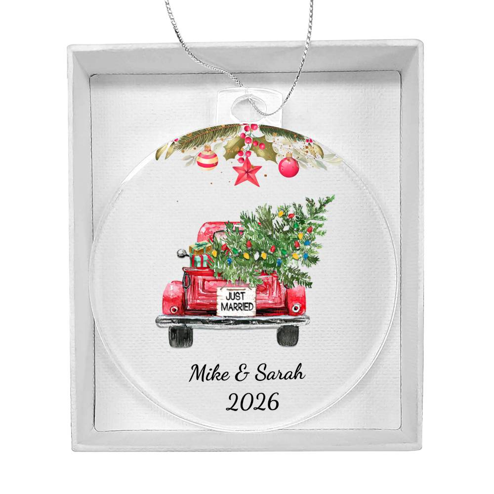 First Christmas Married Ornament, Personalized Acrylic Heart, Vintage Truck Keepsake, Newlywed Holiday Gift, Custom Wedding Ornament