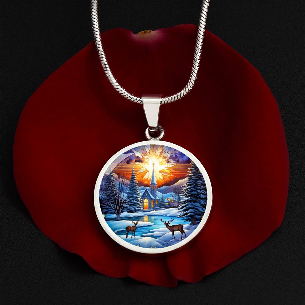 Snowy Church and Deer Pet Necklace