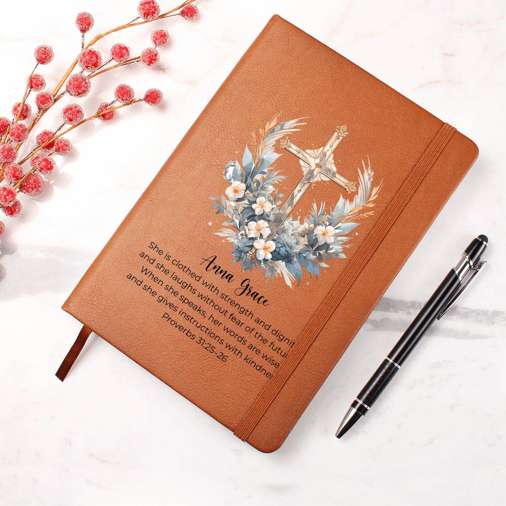 Personalized Bible Verse Journal, Proverbs 31:25 Leather Notebook, Christian Gift for Women, Custom Name Scripture Keepsake