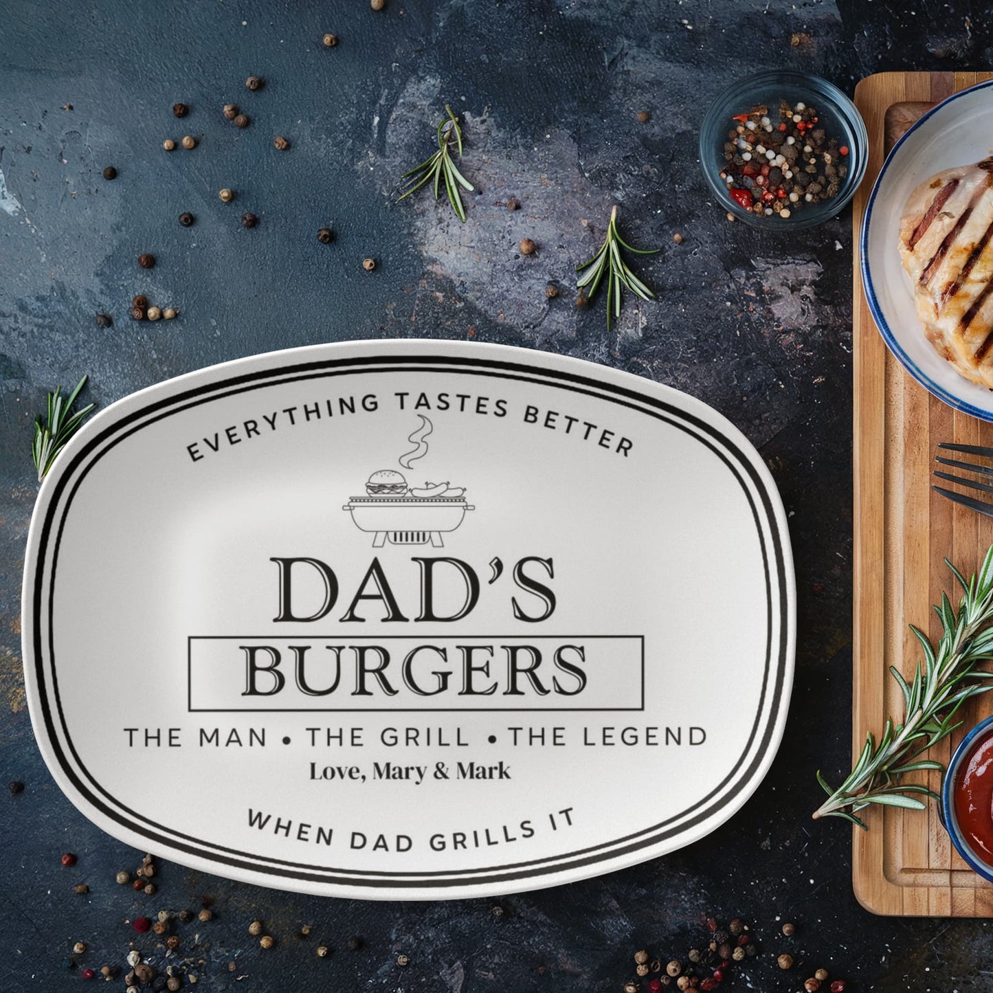 Dads Burger Personalized Plate, BBQ Platter, Custom Grill Gift, Outdoor Dining, Unique Fathers Day Gift, Grilling Accessories