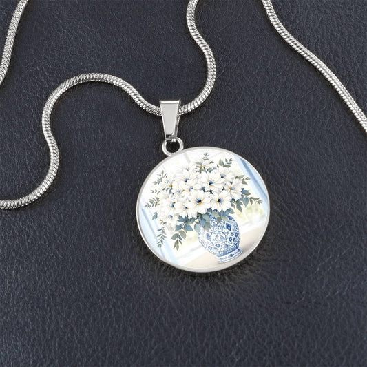 Engraved Floral Pendant Necklace Delft Blue Vase-[Heartfelt Family Gift]