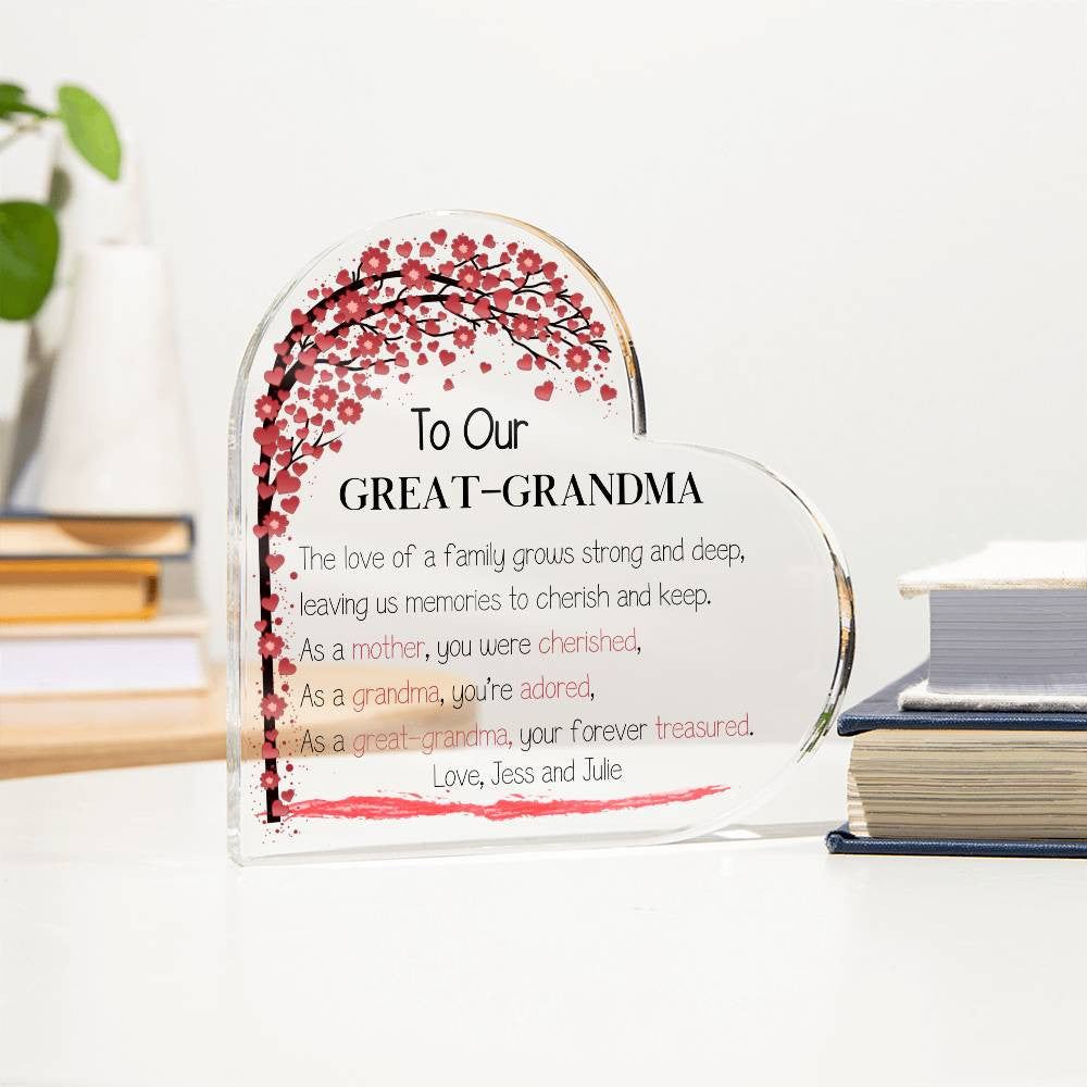 Mother's Day Gift for Great-grandma, Grammy Gift, Heart Acrylic Plaque