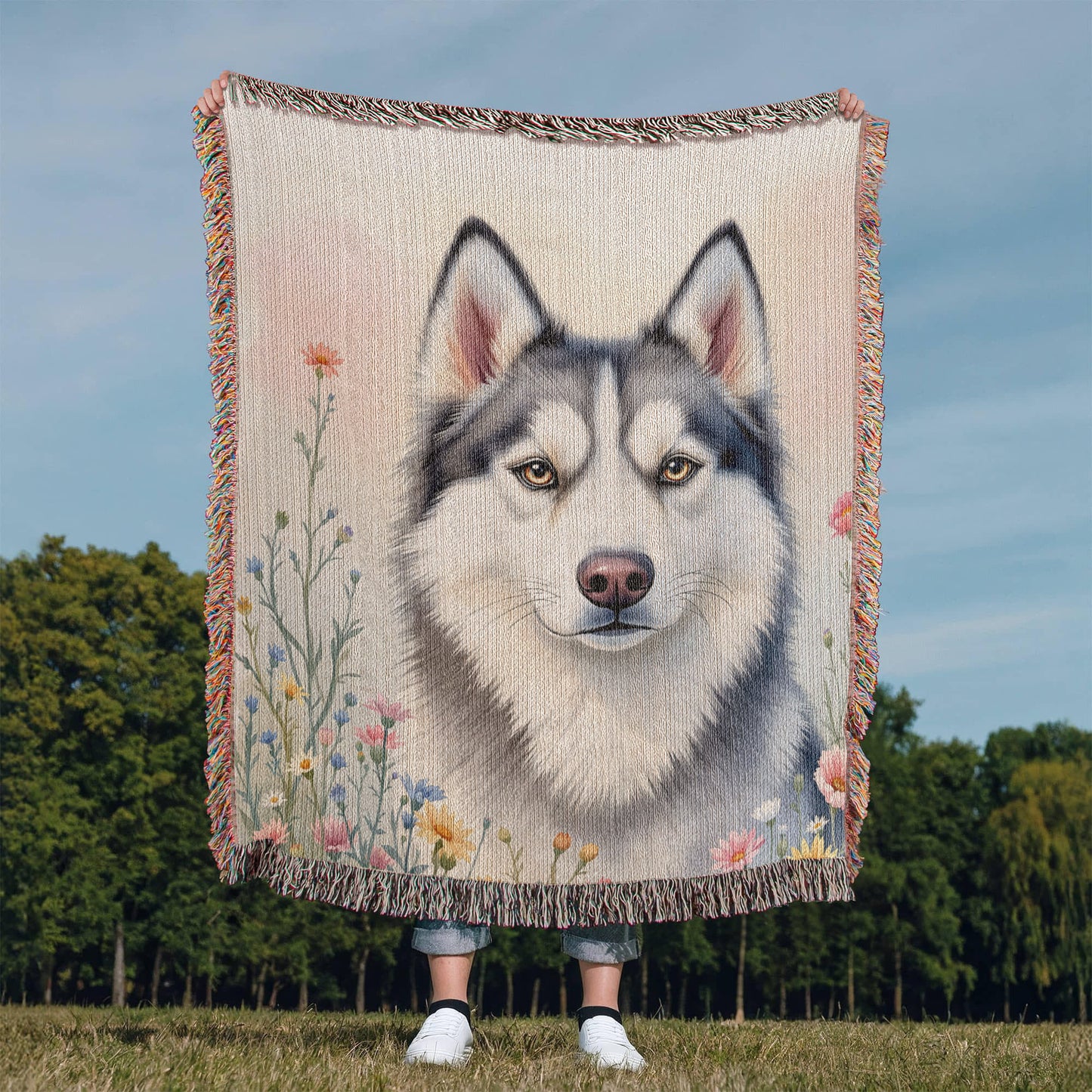 Husky Dog Wildflowers Woven Blanket-[Heartfelt Family Gift]