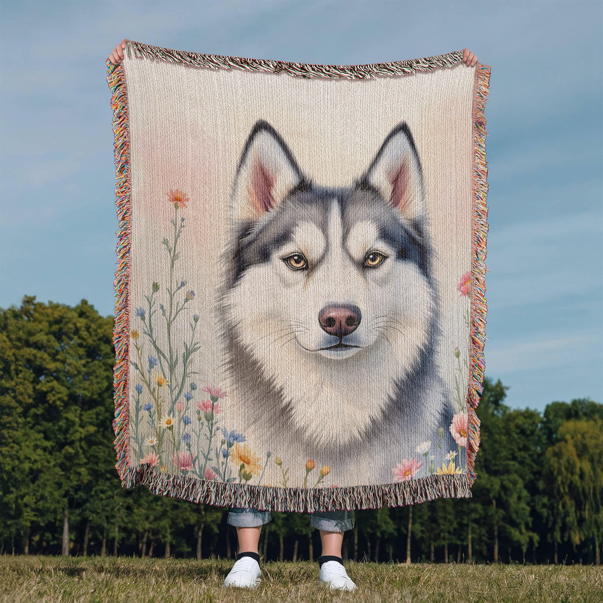 Husky Dog Wildflowers Woven Blanket-[Heartfelt Family Gift]