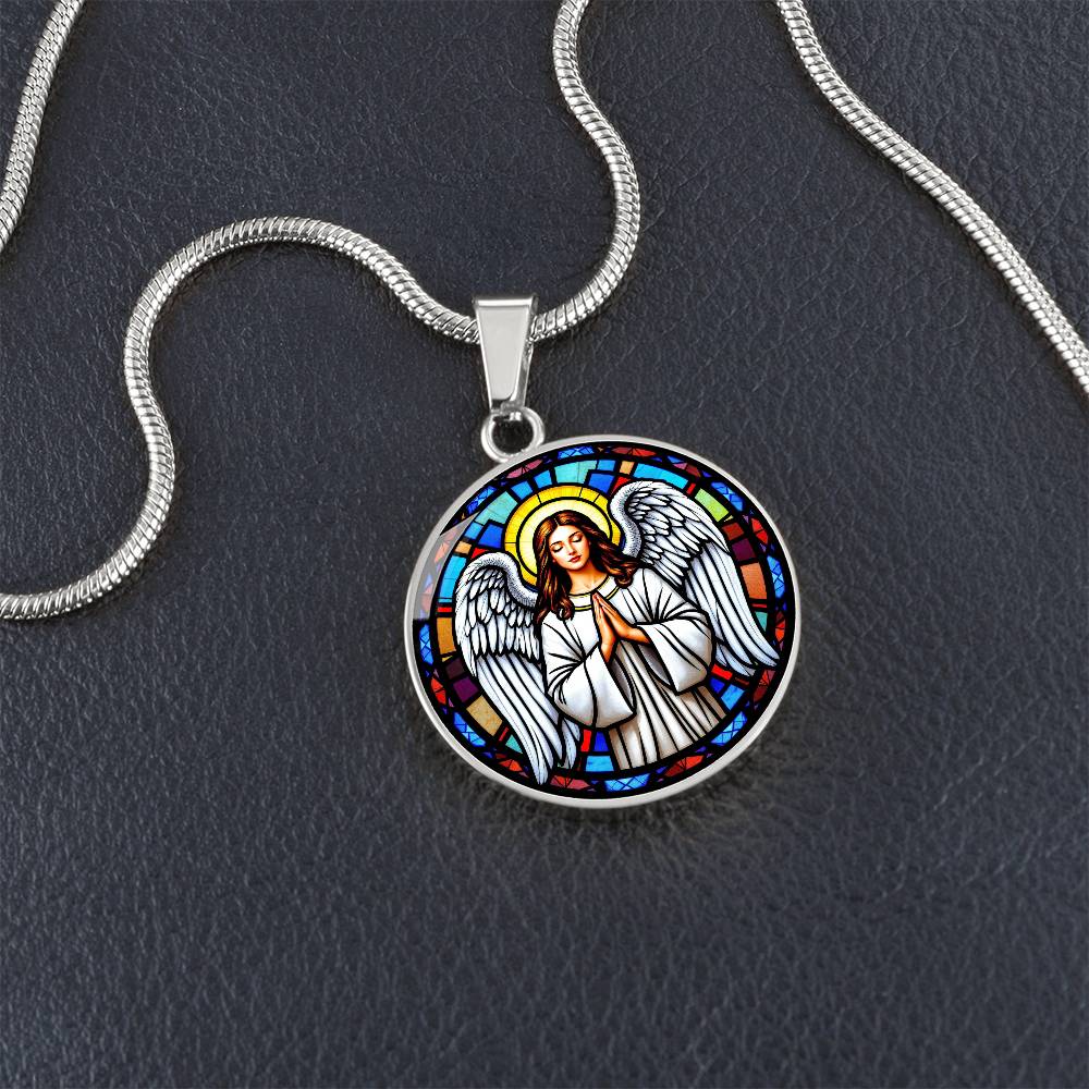 Guardian Angel Faux Stain Glass Pendant Necklace
