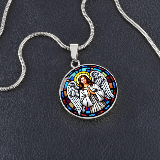 Guardian Angel Faux Stain Glass Pendant Necklace