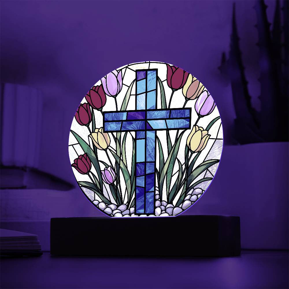 Cross and Tulips Circle Lamp-[Heartfelt Family Gift]