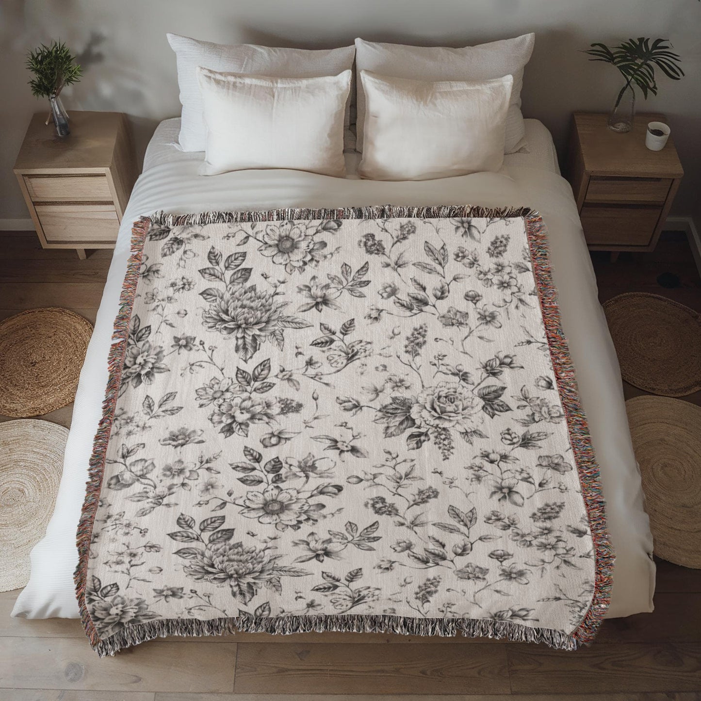 Toile de Jouy Woven Blanket, Blue Floral Tapestry Throw, French Country Decor, Floral Pattern Blanket, Gift for Loved Ones