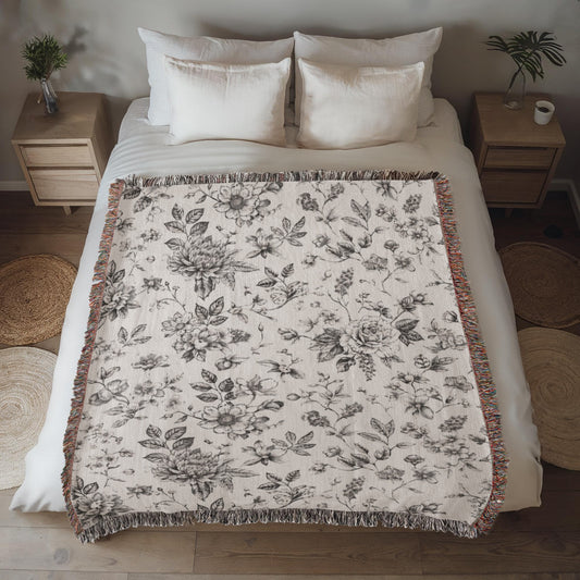 Toile de Jouy Woven Blanket, Blue Floral Tapestry Throw, French Country Decor, Floral Pattern Blanket, Gift for Loved Ones