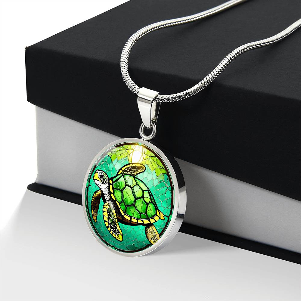 Sea Turtle Round Pendant Necklace in Gold or silver-[Heartfelt Family Gift]