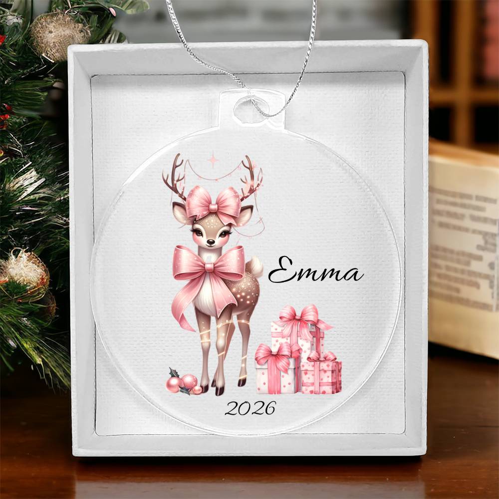 Pink Couquette Reindeer Christmas Ornament