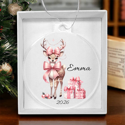 Pink Couquette Reindeer Christmas Ornament