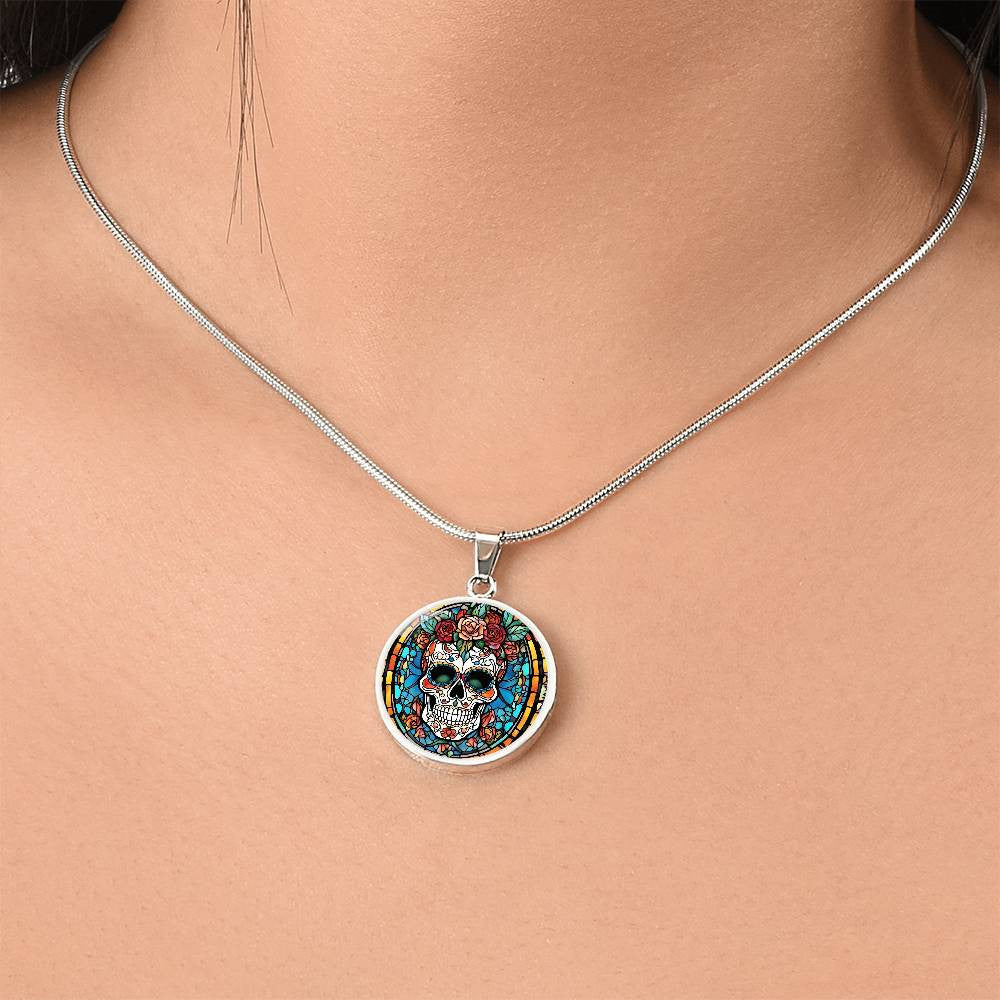 Mexican Sugar Skull Calavera  Round Pendant Necklace in Gold or silver-[Heartfelt Family Gift]