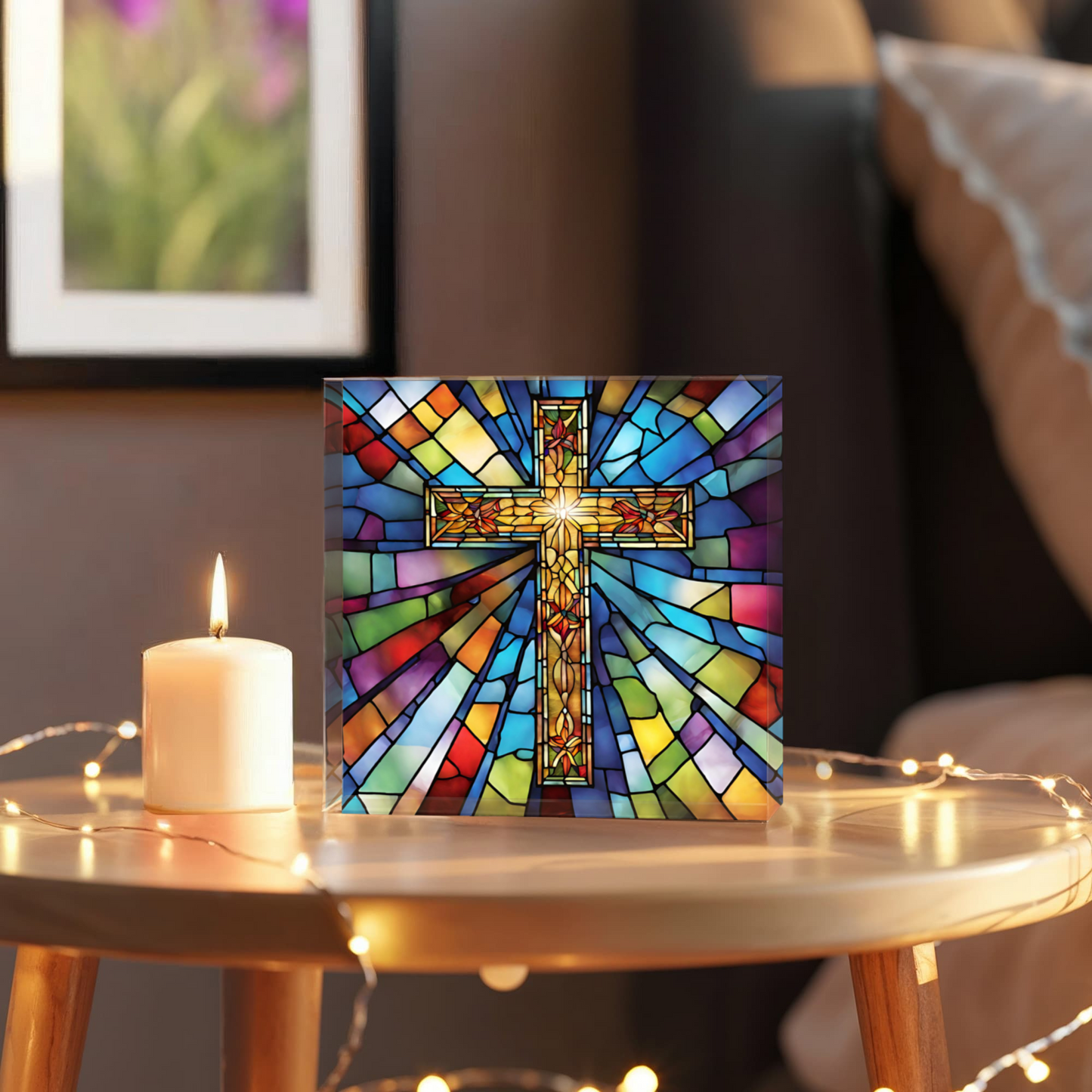 Cross Stained Glass Style Acrylic Block