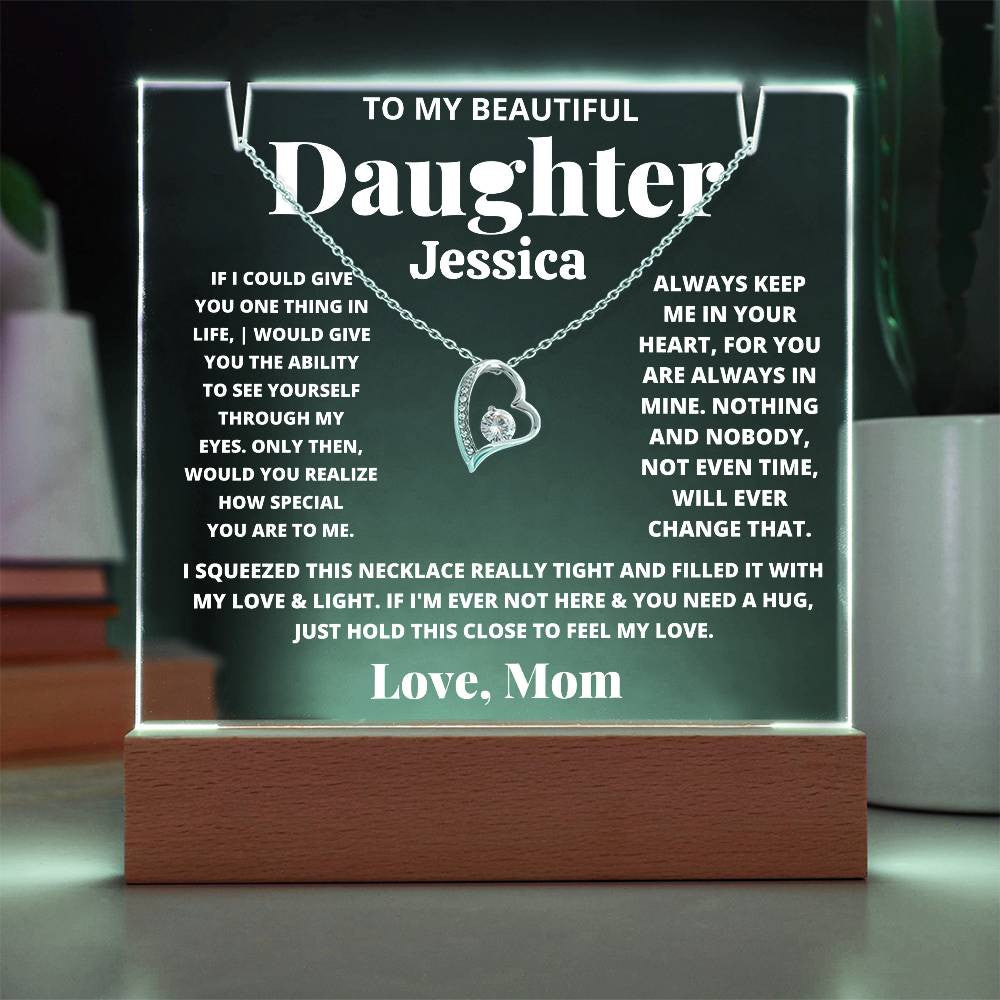 Daughter from Mom LED Acrylic Heart Necklace & Plaque Gift-[Heartfelt Family Gift]