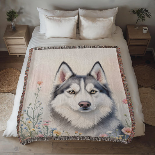 Husky Dog Wildflowers Woven Blanket-[Heartfelt Family Gift]