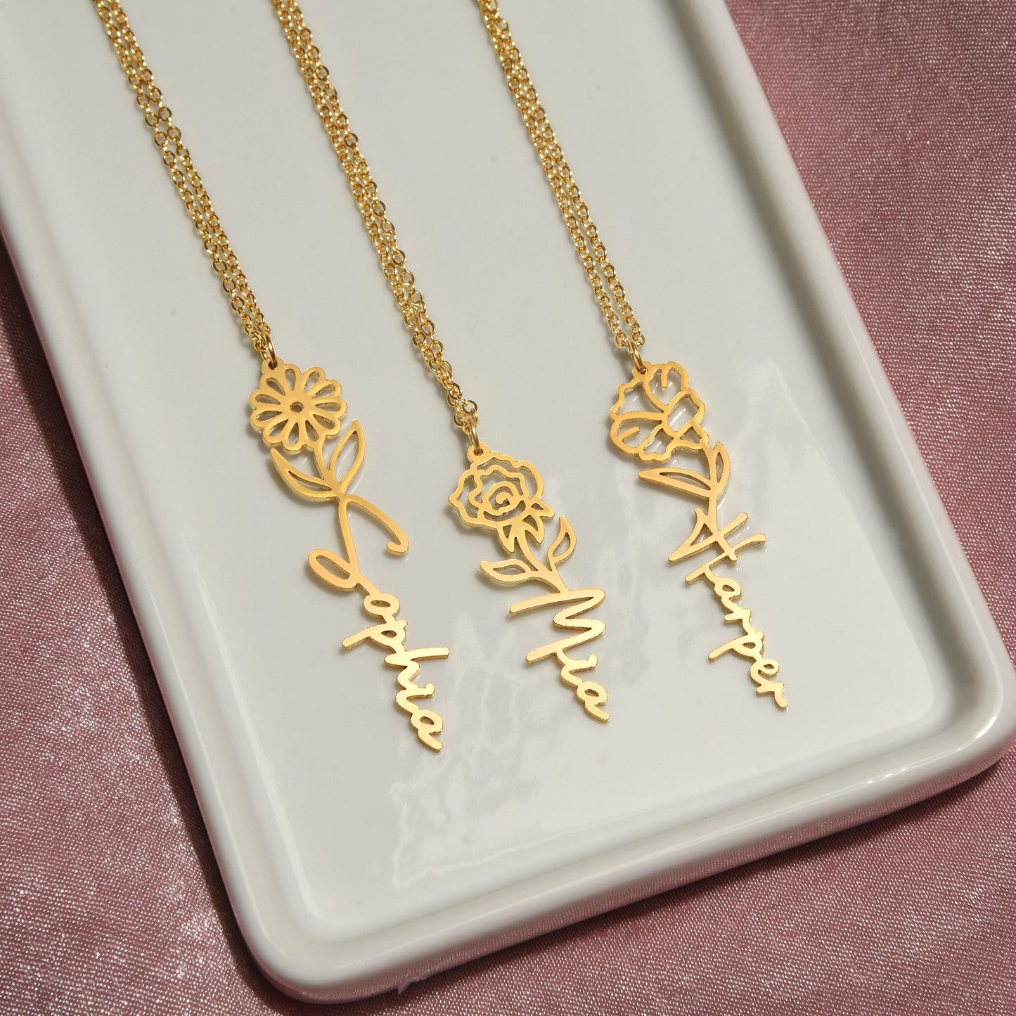 Libra Zodiac Birth Flower Name Necklace