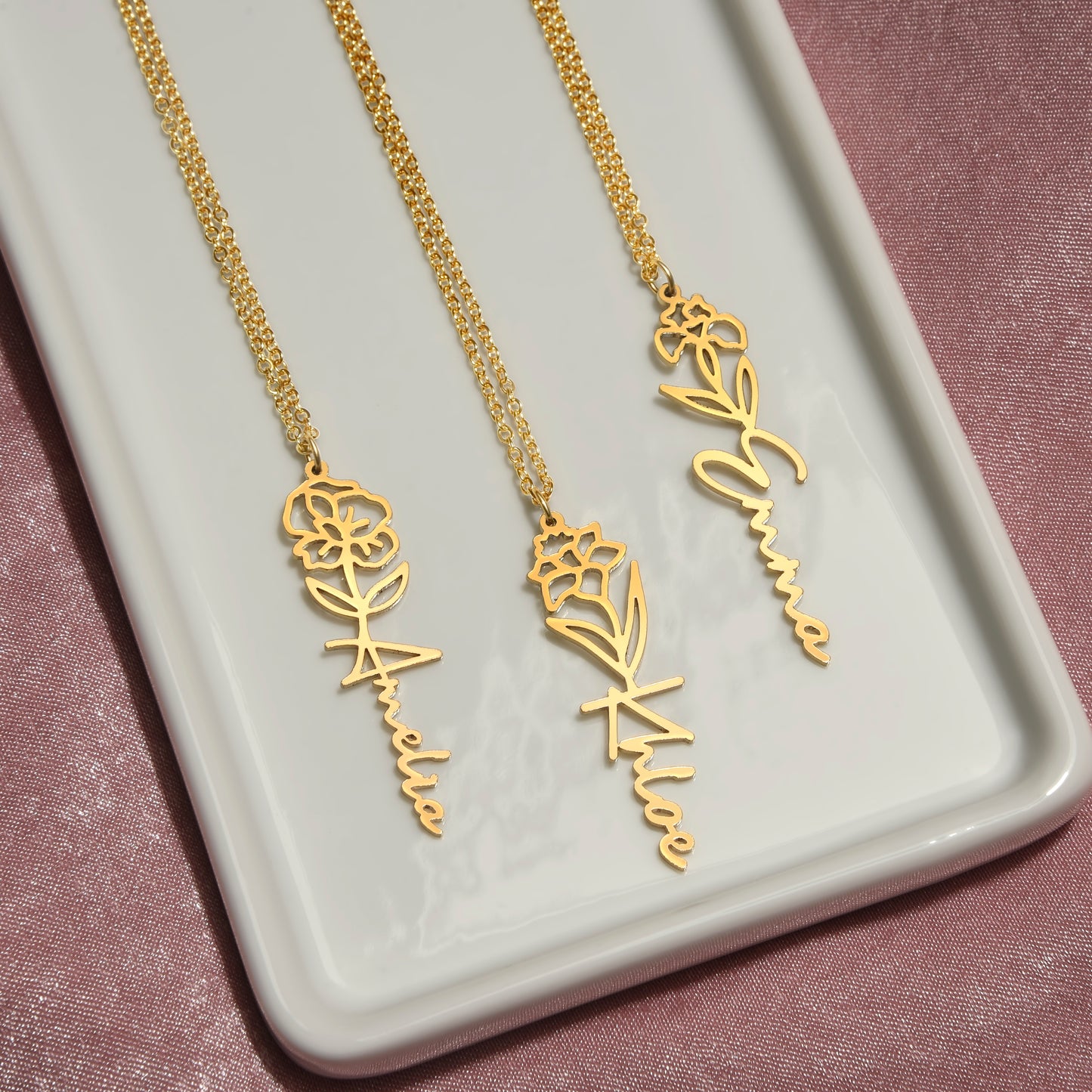 Libra Zodiac Birth Flower Name Necklace
