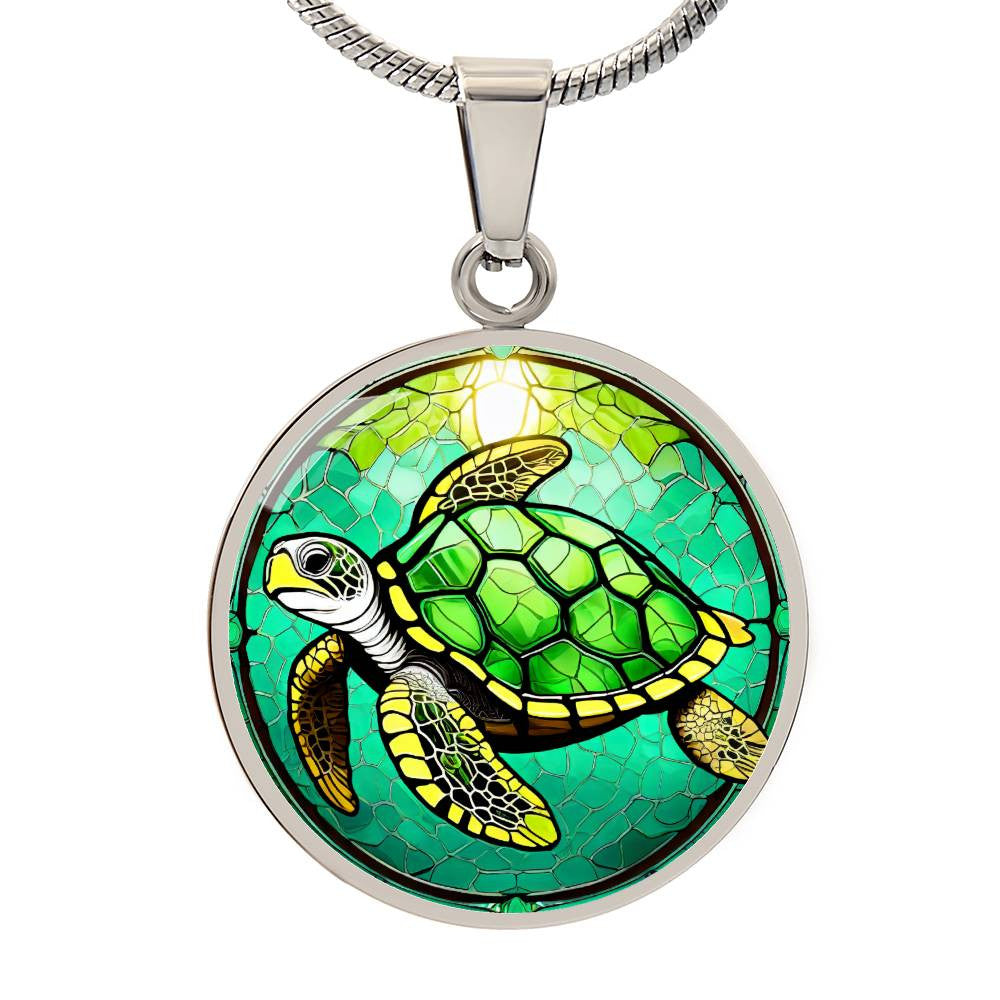 Sea Turtle Round Pendant Necklace in Gold or silver-[Heartfelt Family Gift]
