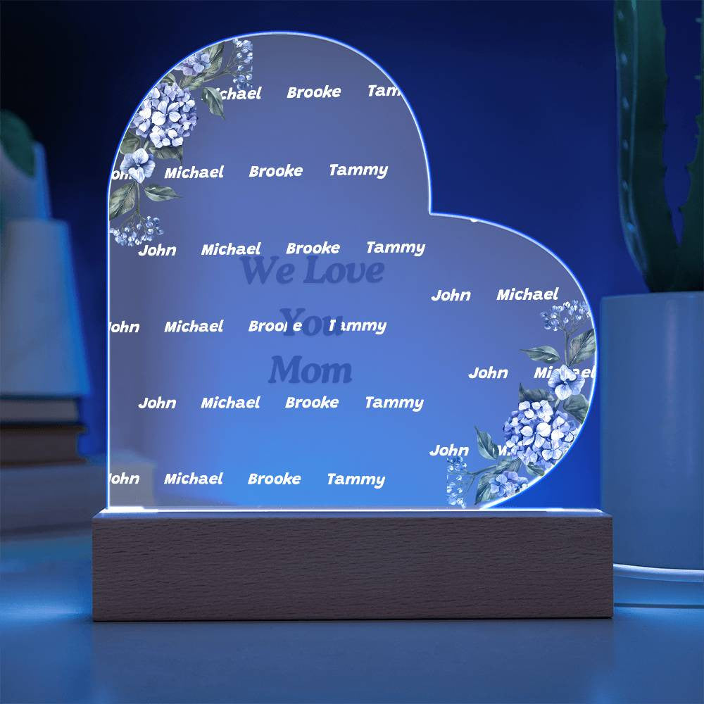 We Love You Mom Acrylic Heart with Kids Names-[Heartfelt Family Gift]