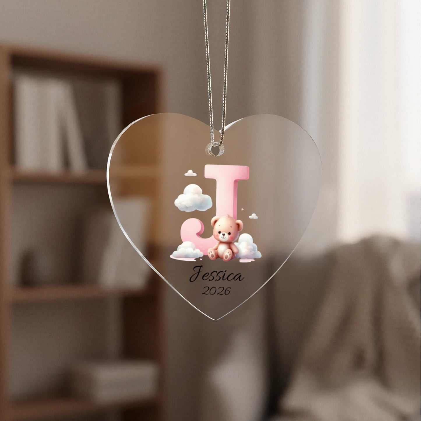 Pink Teddy Bear Acrylic Heart Ornament