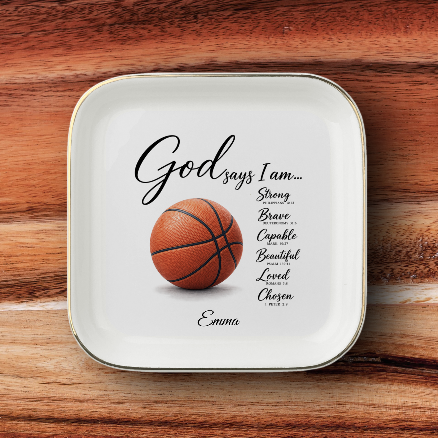 Personalized Christian Basketball Jewelry Dish, Faith Gift for Basketball Player, Encouragement Keepsake, God Says I Am Trinket Tray
