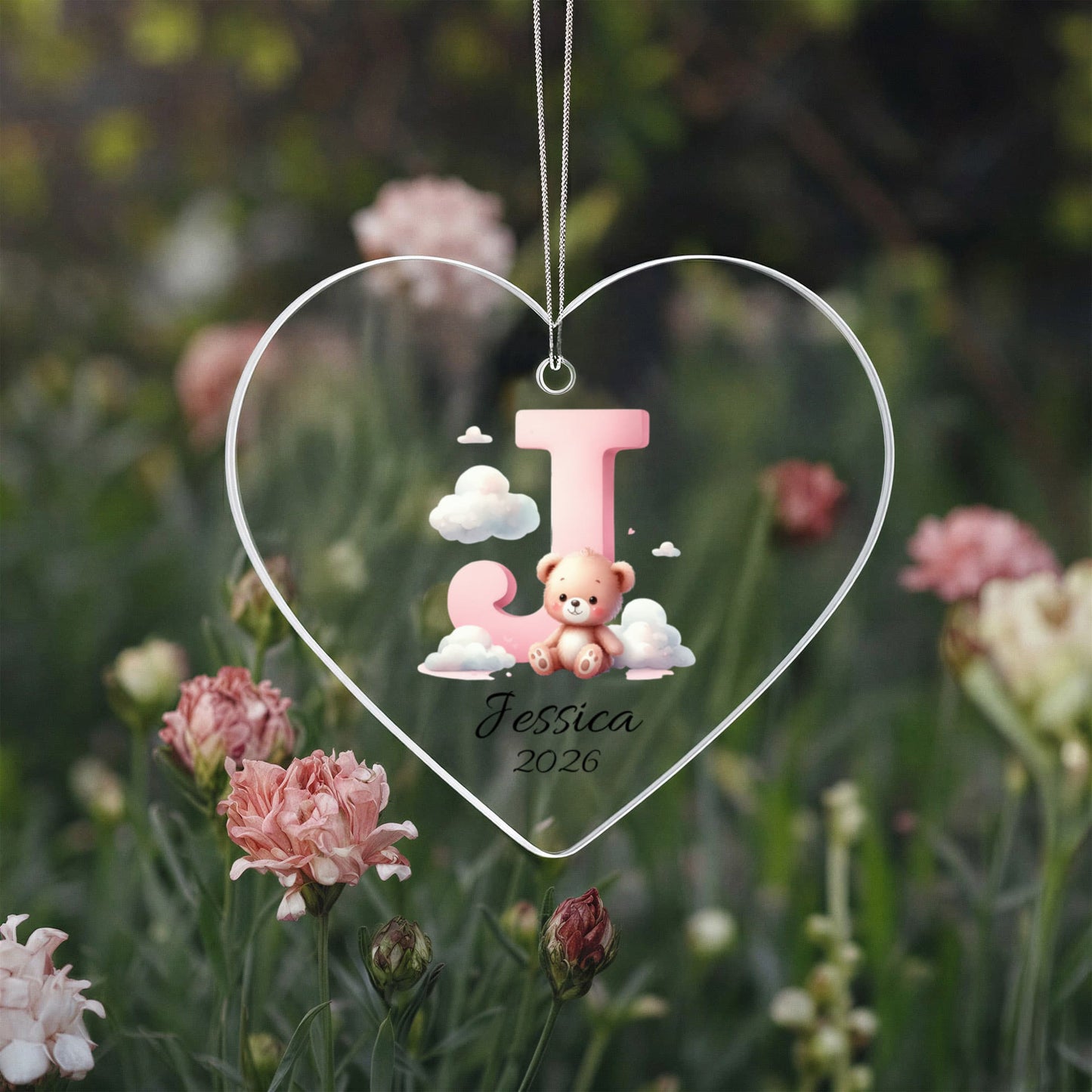 Pink Teddy Bear Acrylic Heart Ornament