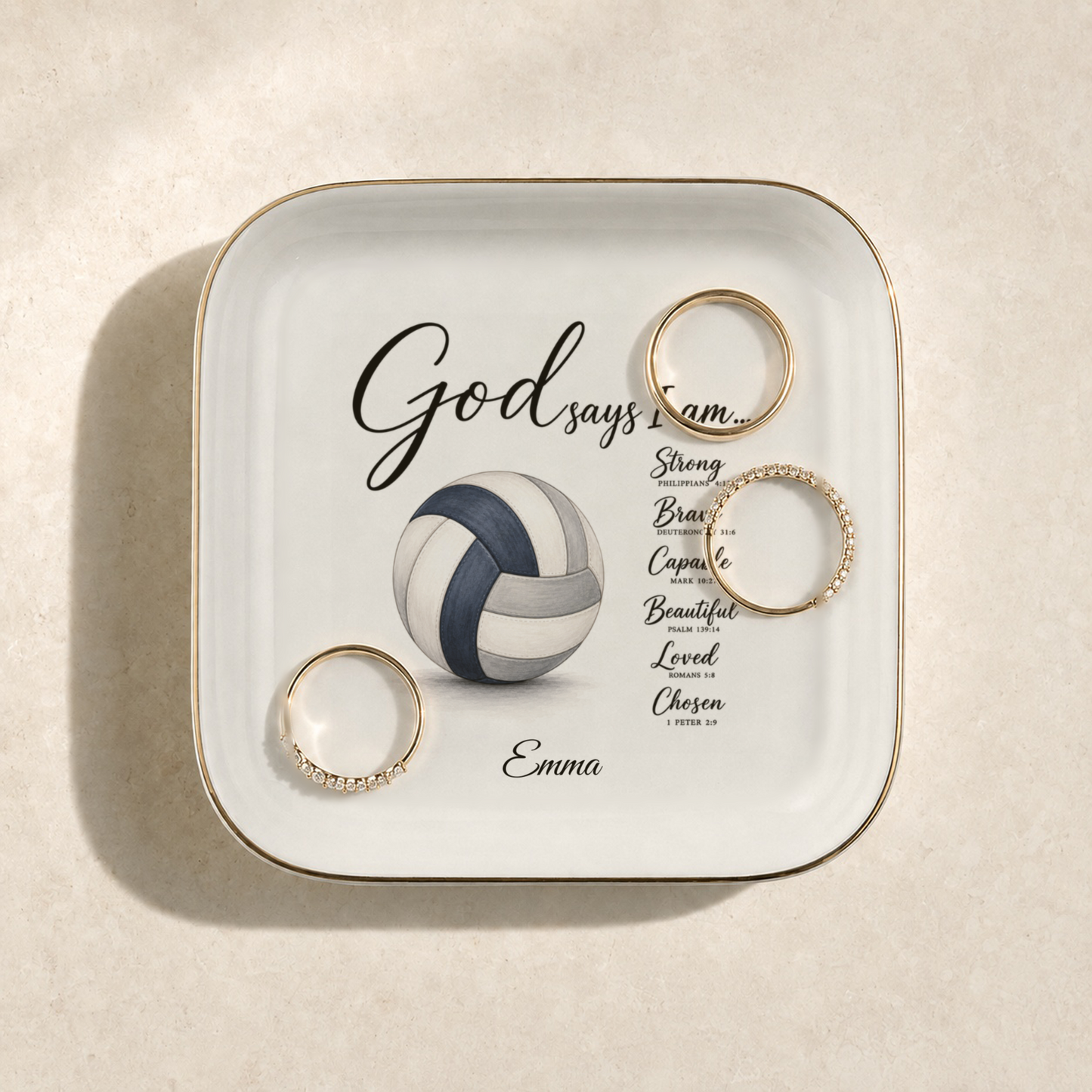 Christian Volleyball Jewelry Dish, Faith Gift for Volleyball Player, God Says I Am Trinket Tray, Inspirational Athlete Keepsake Gift