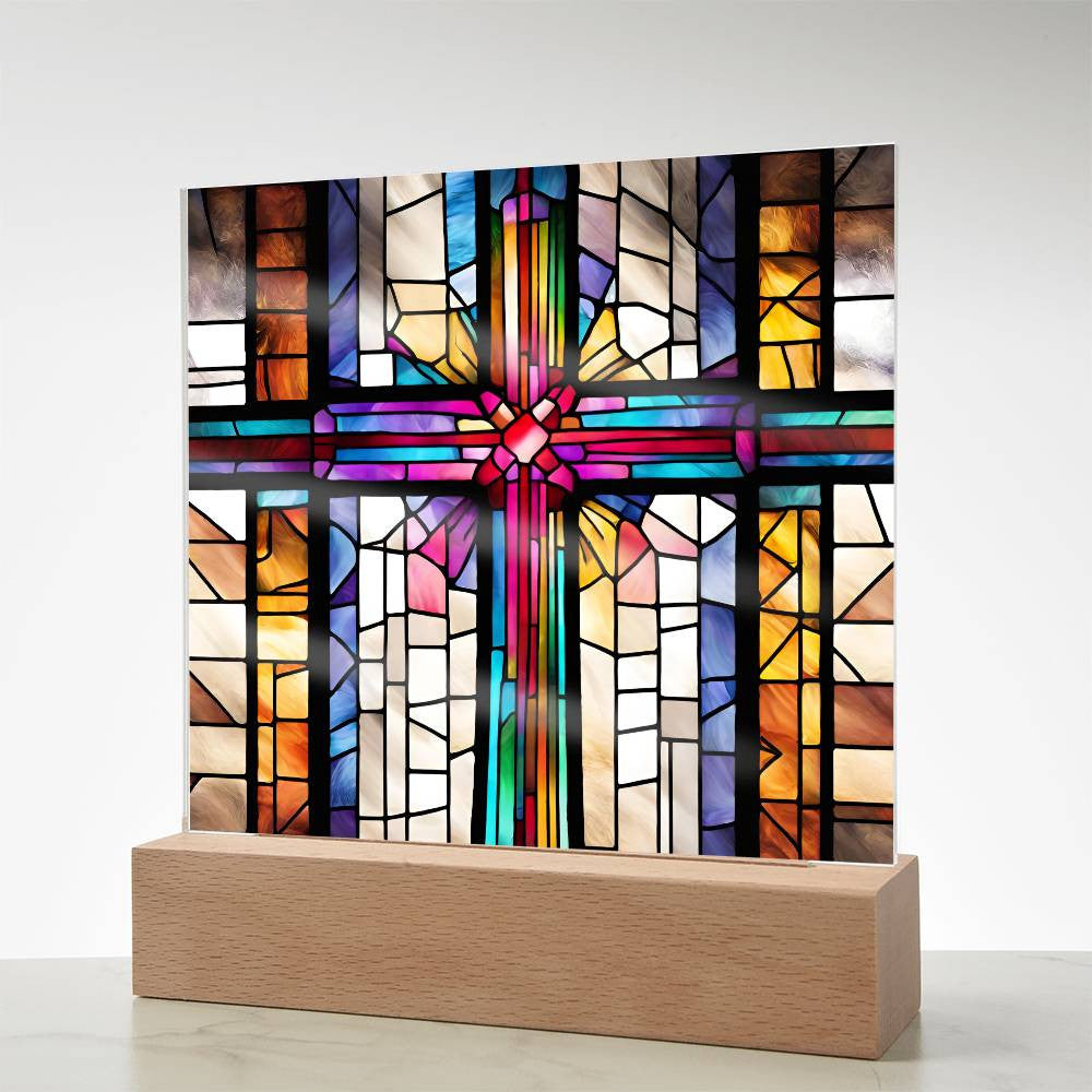 LED Acrylic Cross - Baptism Easter and Confirmation Gift - Faux Stained Glass Decor