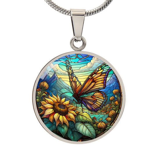 Butterfly Sunflower Round Pendant Necklace in Gold or silver-[Heartfelt Family Gift]
