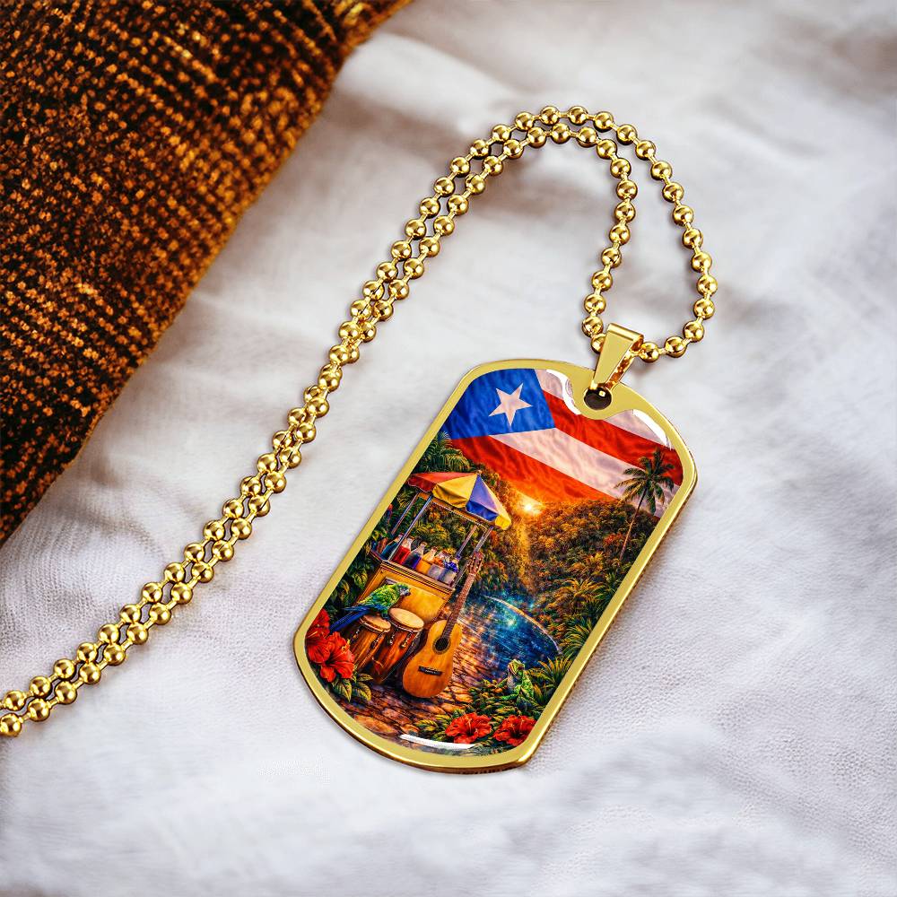 Engraved Puerto Rico Flag Latin American Culture Dog Tag Necklace or Keychain