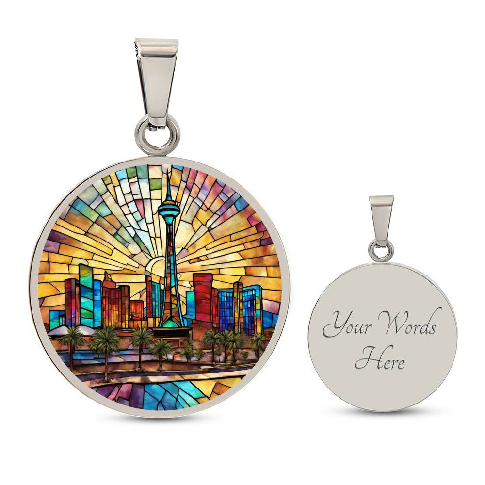 Las Vegas Skylight Stained Glass Look Round Pendant Necklace in Gold or silver-[Heartfelt Family Gift]