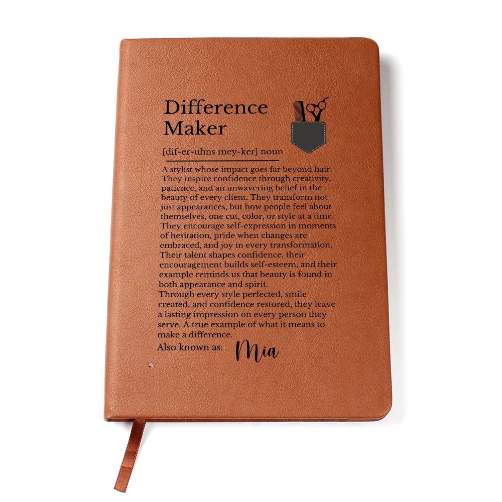 Hairdresser Journal Difference Maker Gift, Vegan Leather Notebook, Stylist Diary, Inspirational Hair Stylist Present, Custom Name