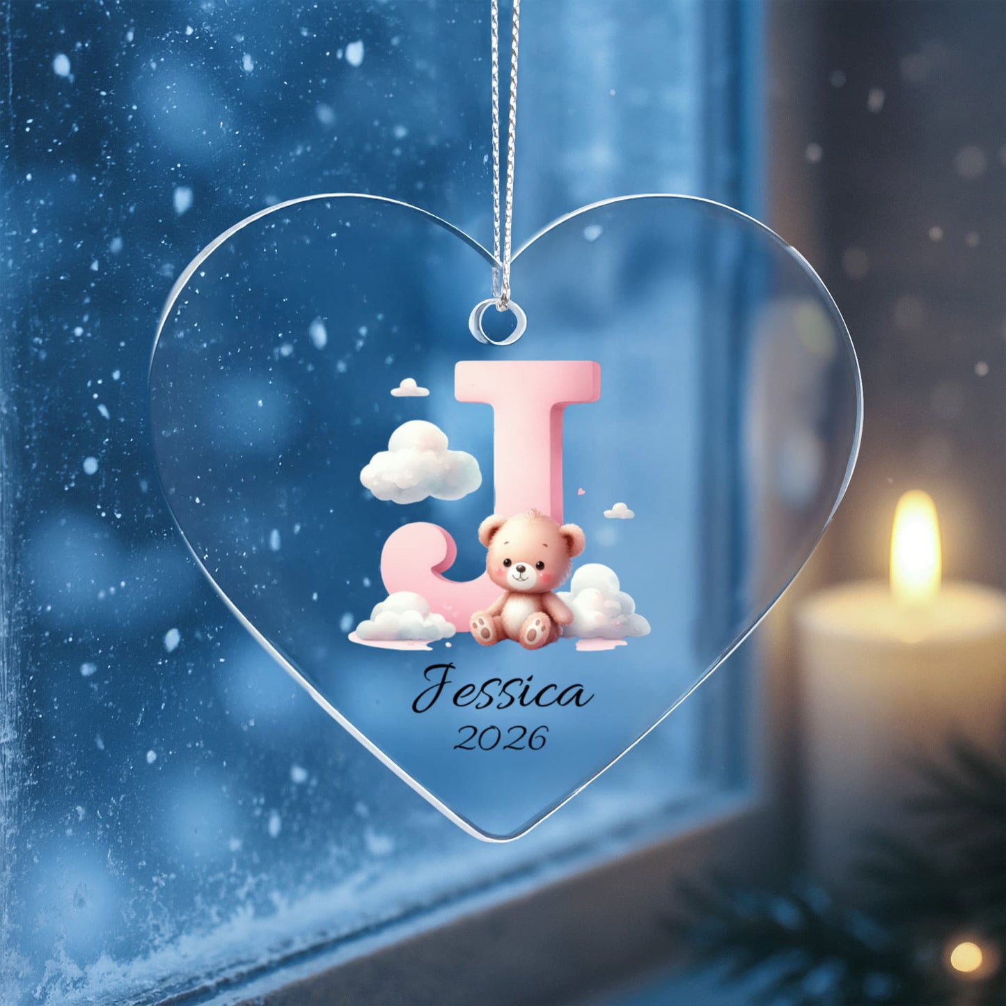 Pink Teddy Bear Acrylic Heart Ornament