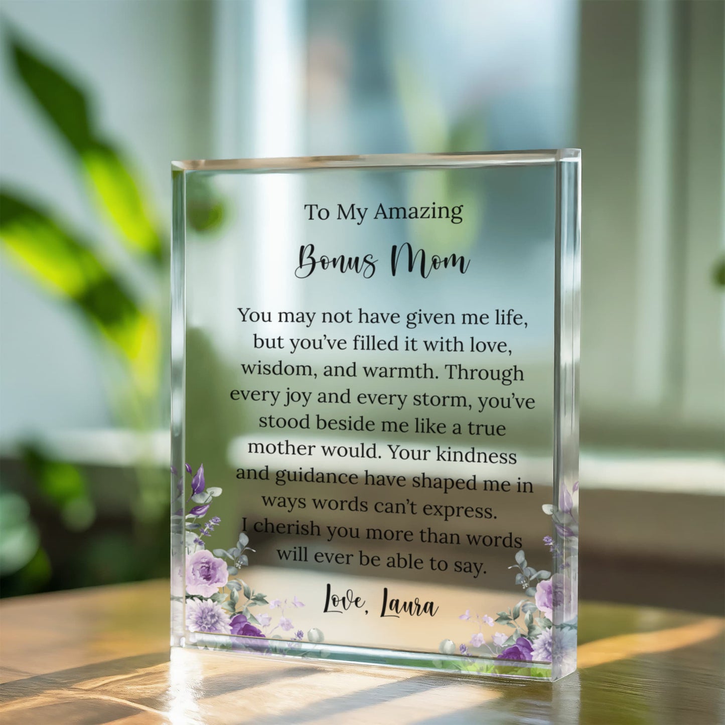 Bonus Mom Floral Acrylic Plaque, Gift for Stepmom, Personalized Keepsake for Bonus Mom, Mother's Day Gift, Custom Floral Plaque